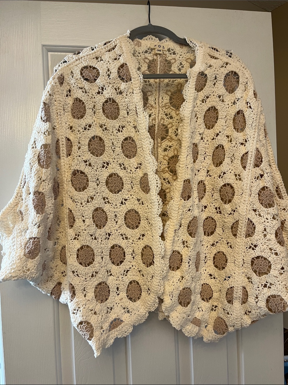 POL Crochet Open-Front Cardigan Sweater - Cream with Tan Accents One Size